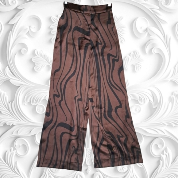 House Of Harlow 1960 Ànimal Print Black Brown Satin Wide Leg Pants - Picture 3 of 7